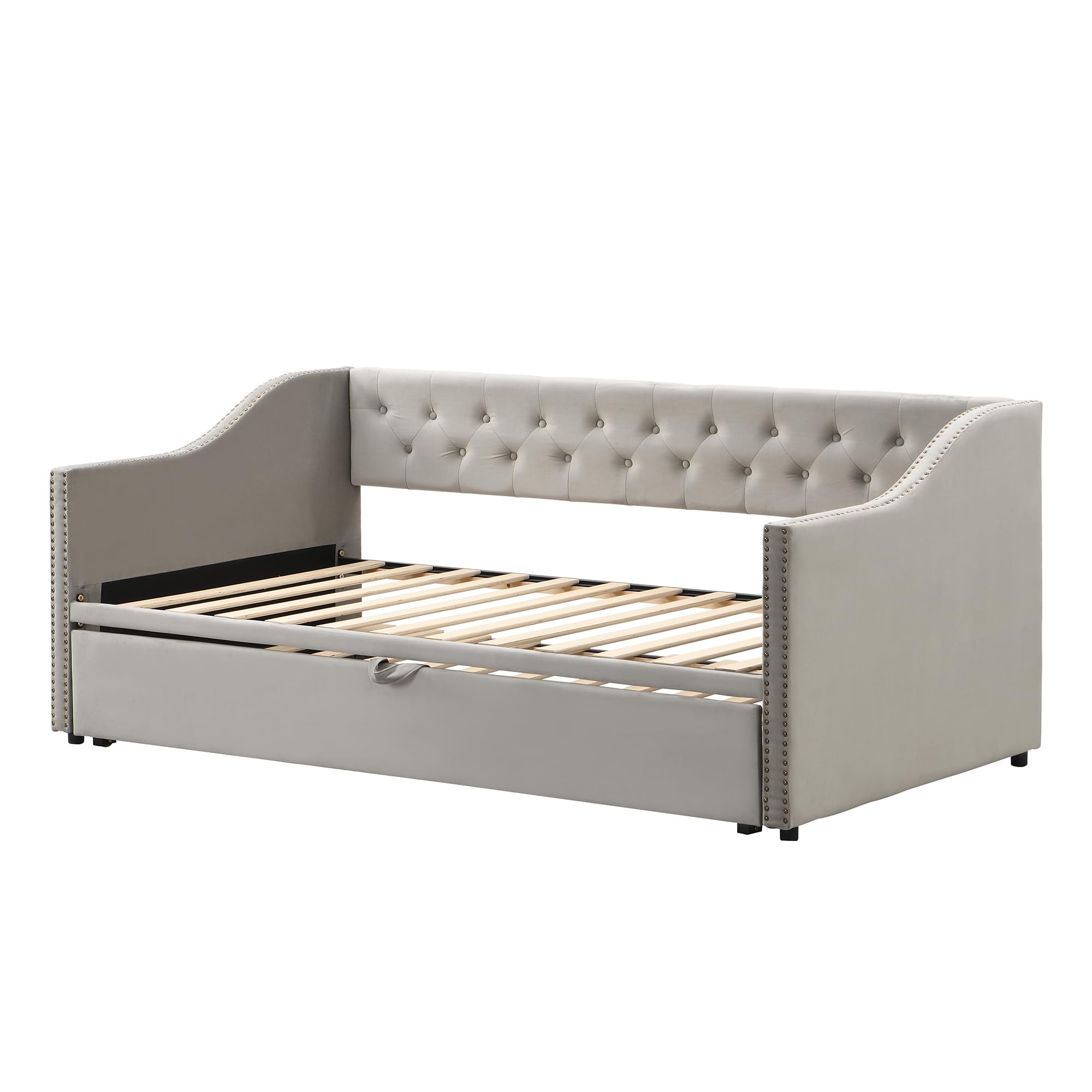 Merax Twin Size Upholstered Velvet Daybed with Pop Up Trundle, Multi-Functional Sofa Bed with Backrest and Two Armrest for Guest, Living Room, Gray