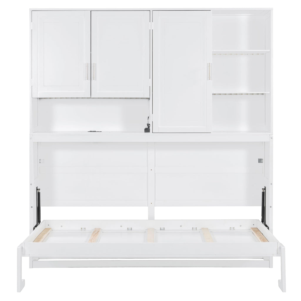 Ball & Cast Twin Size Murphy Bed,Foldable Wall Bed with Top Cabinet,Storage Shelves,Hidden Cabinet Bed Frame with Led Light and USB Port for Bedroom,Guest Room,Space Saving,No Box Spring Needed,White