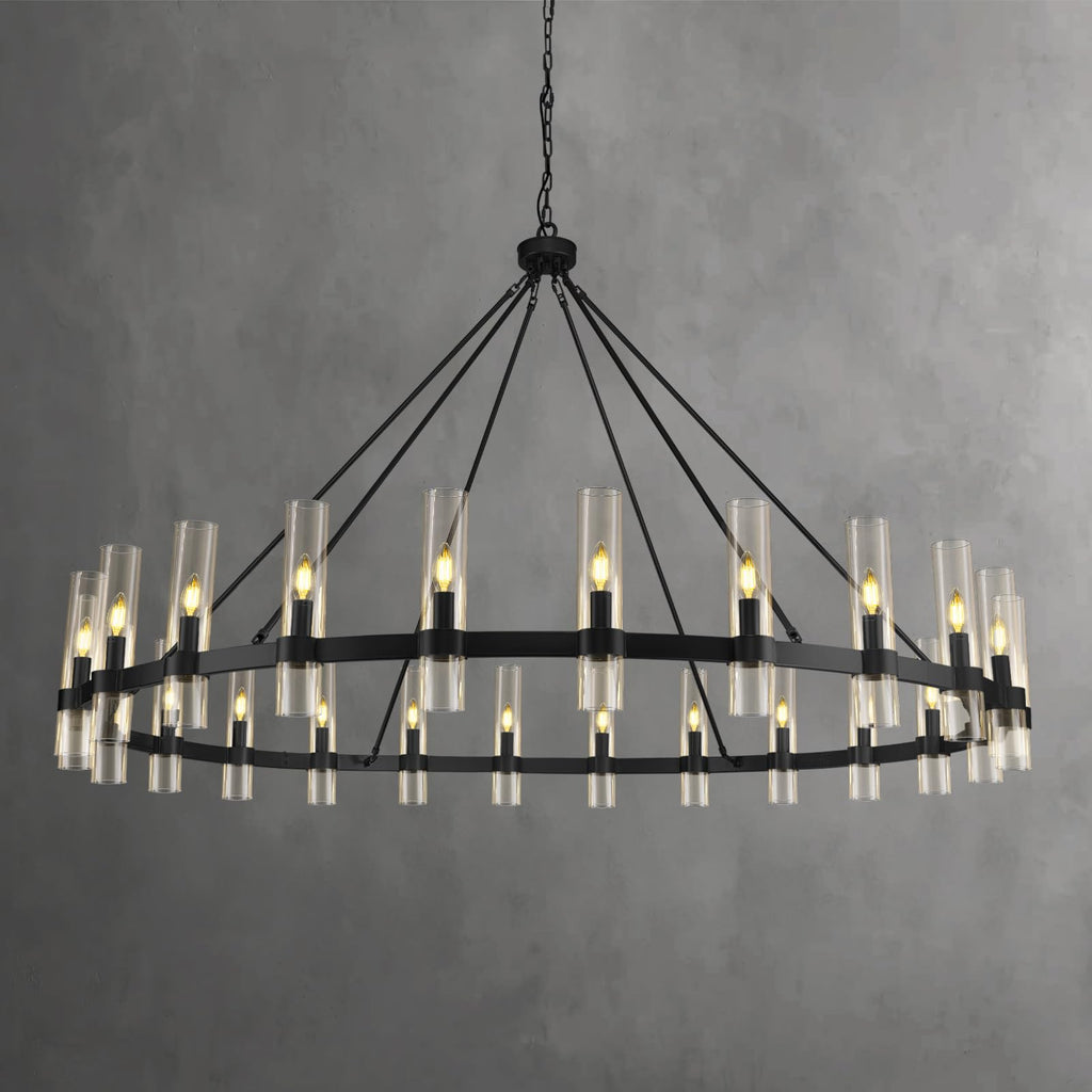 Black Wagon Wheel Chandelier 70 Inch, Large Chandeliers for High Ceilings, 24-Light Chandelier with Glass Shade, Modern Farmhouse Chandeliers for Living Room, Dining Room and Foyer(24 Bulbs Included)