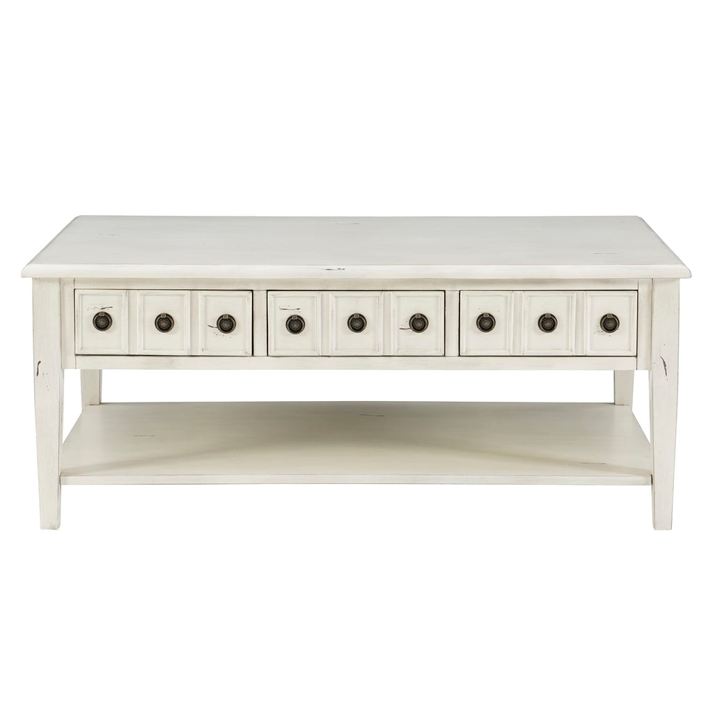 Powell Kelly Cream Coffee Table with Three Pull Thru Drawers and Open Shelf