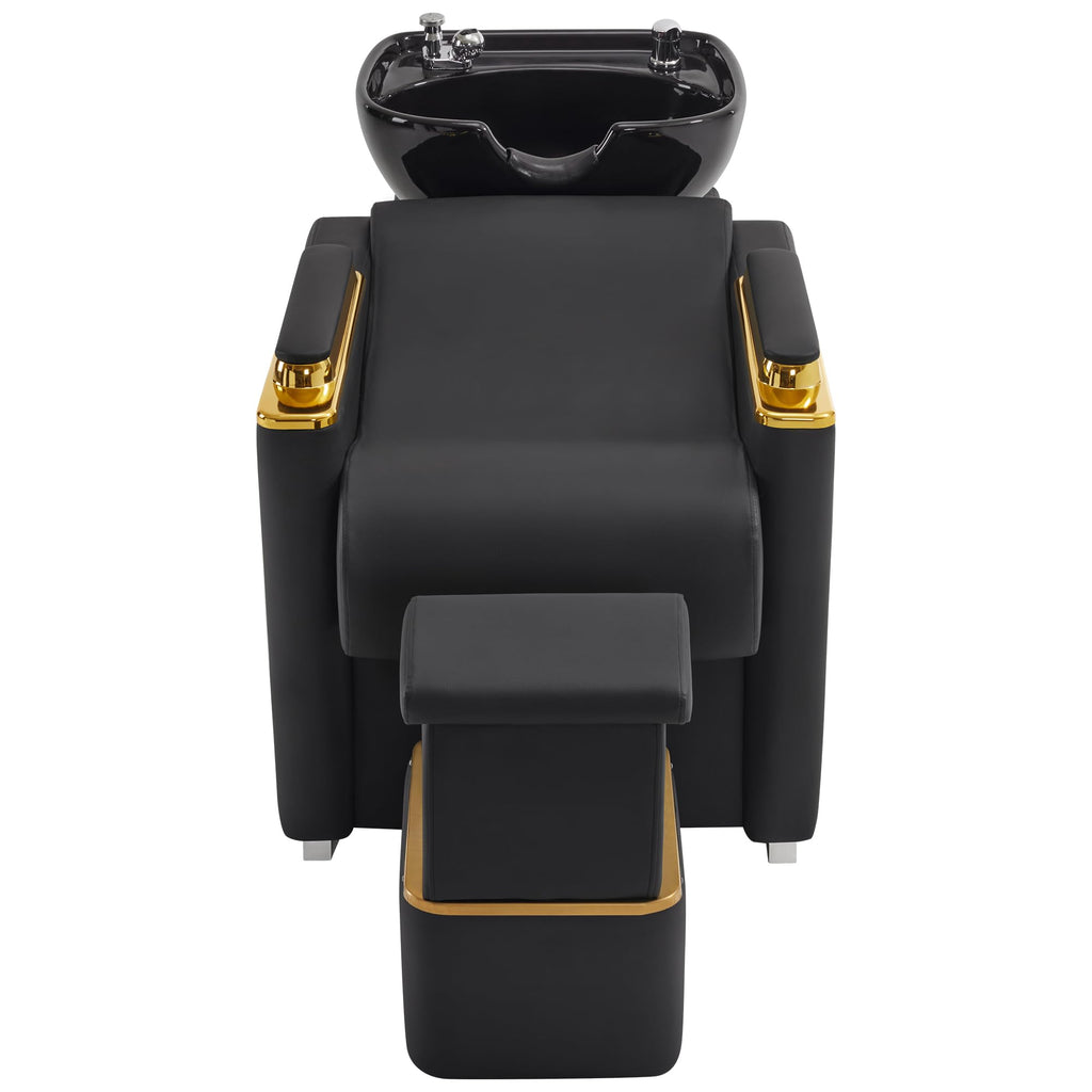 BarberPub Backwash Shampoo Station Chair with Porcelain Ceramic Hair Wash Bowl, Vacuum Breaker, Professional Black&Gold Shampoo Chair for Salon and Spa 8613 (Black)