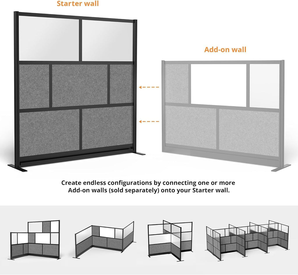 Stand Up Desk Store Expanse Modular Wall | 70'' x 70'' Wall | Expandable Partition Room Divider with Rearrangeable Frosted Acrylic & Sound Absorbent Panels (Black Frame)