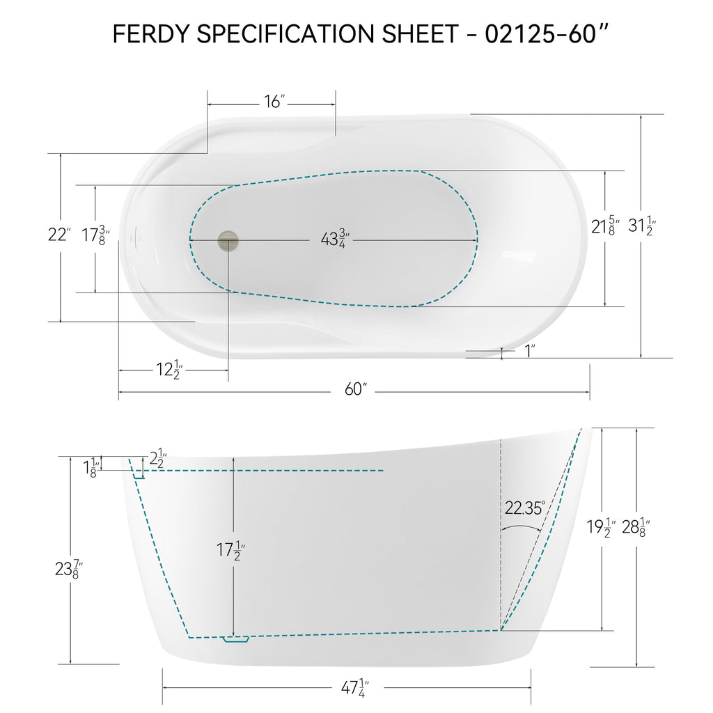 FerdY Lana'i 60" Freestanding Bathtub, Gracefully Shaped Freestanding Soaking tub, Glossy White, cUPC Certified, Brushed Nickel Drain Assembly