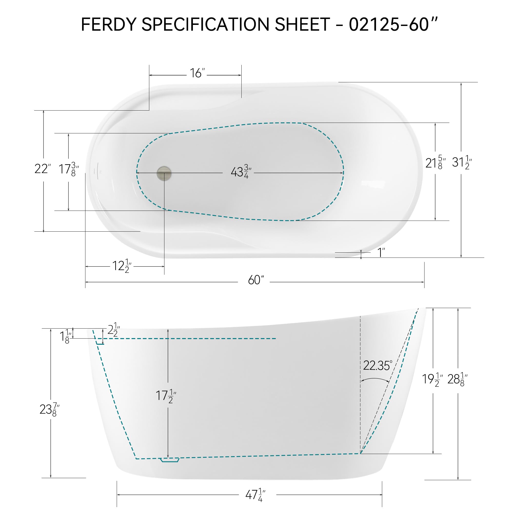 FerdY Lana'i 60" Freestanding Bathtub, Gracefully Shaped Freestanding Soaking tub, Glossy White, cUPC Certified, Brushed Nickel Drain Assembly