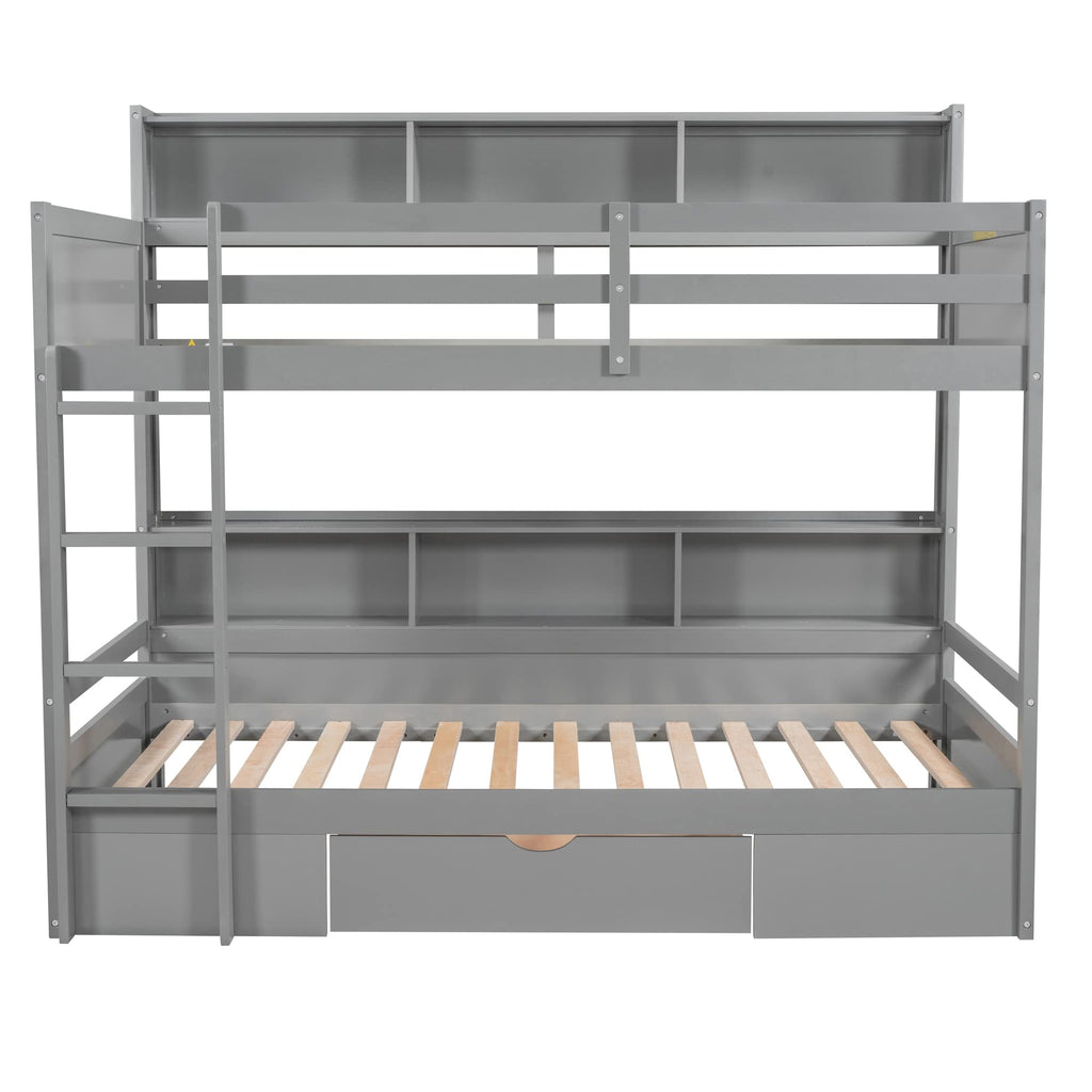 Ball & Cast Twin Over Twin Bunk Bed with Built-in Shelves Beside Both Upper and Down Bed & Storage Drawer, Twin Size Wooden Bunk Bed with Guardrails and Ladder for Kids,Teens,Adult,Gray