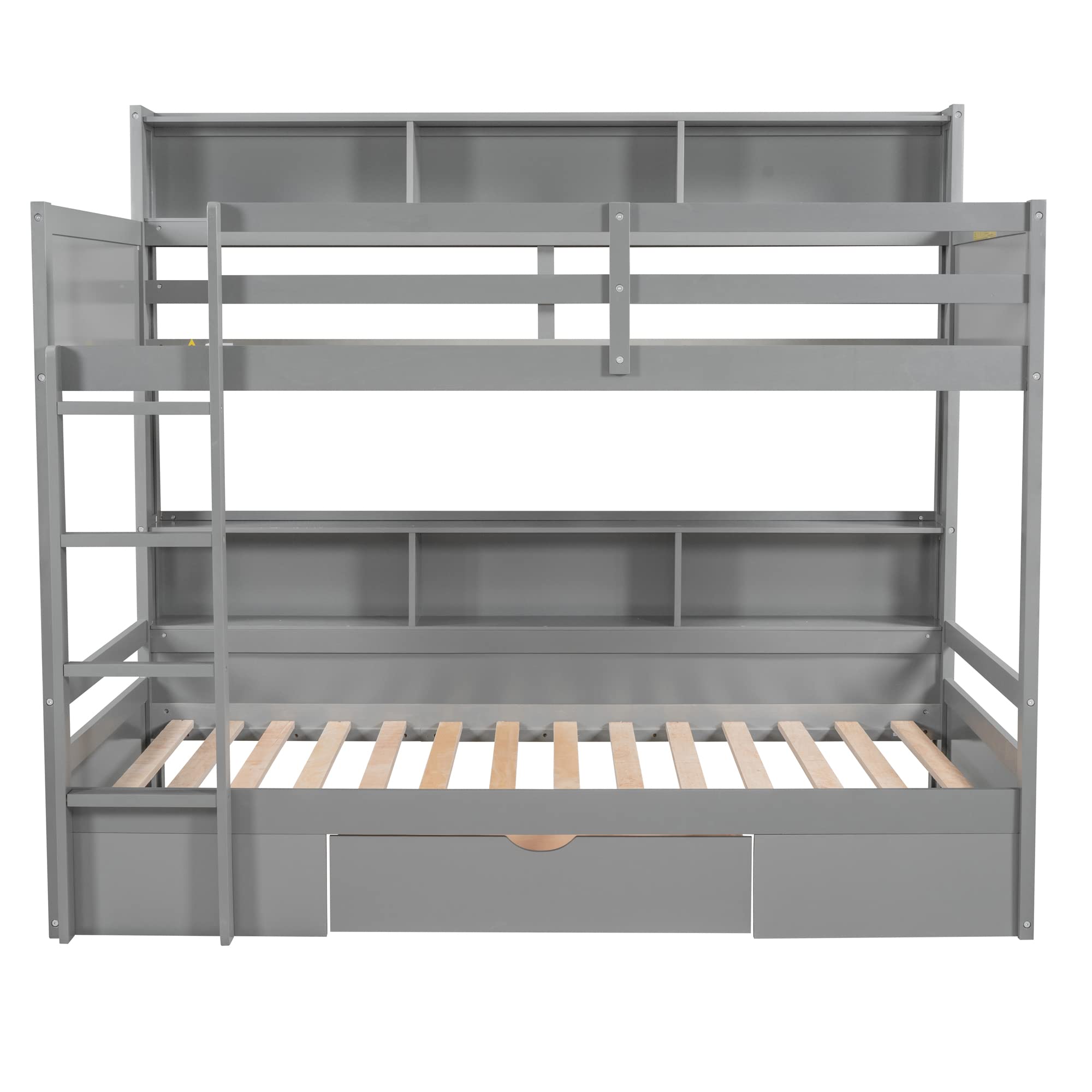 Ball & Cast Twin Over Twin Bunk Bed with Built-in Shelves Beside Both Upper and Down Bed & Storage Drawer, Twin Size Wooden Bunk Bed with Guardrails and Ladder for Kids,Teens,Adult,Gray