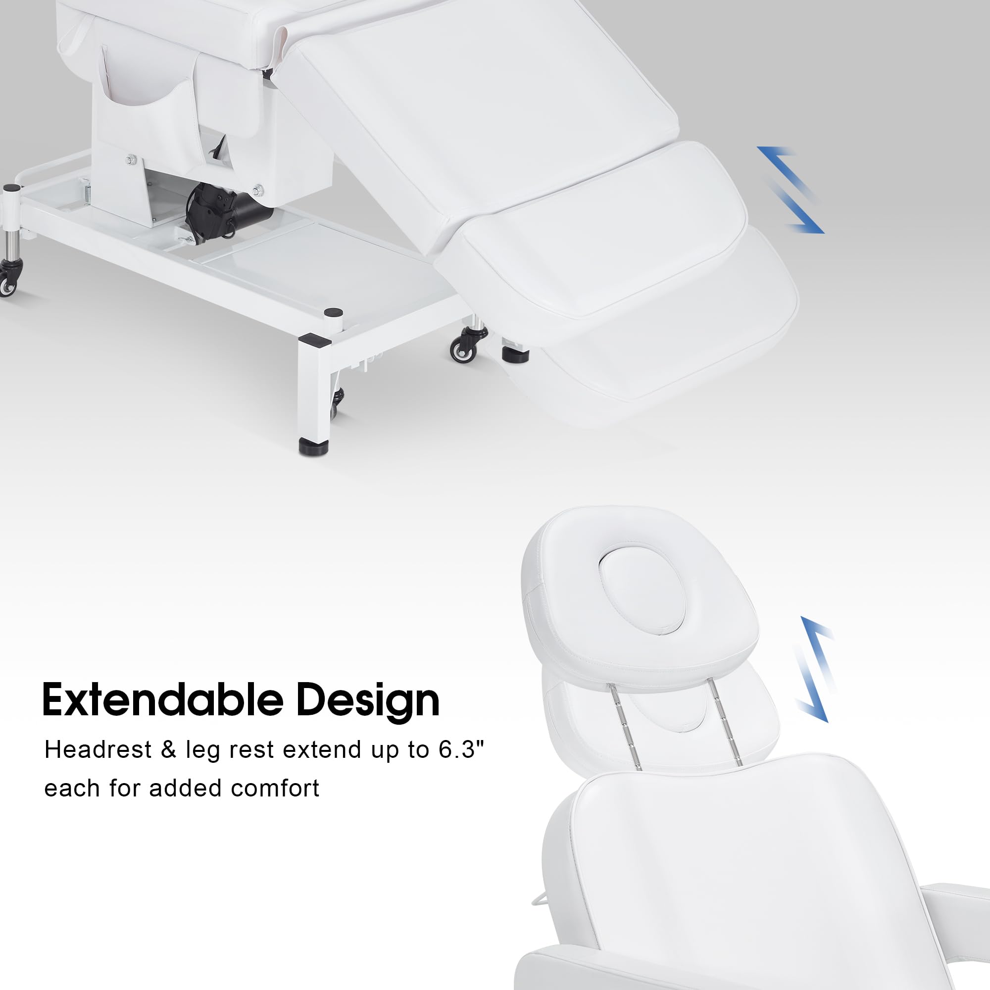 BarberPub Fully Electric Beauty Bed, 3-Motor Salon Spa Chair with Foot-Controlled Wheels, Adjustable Height, Backrest & Leg Rest – PVC Leather, Professional Facial & Treatment Table 2754 (White)