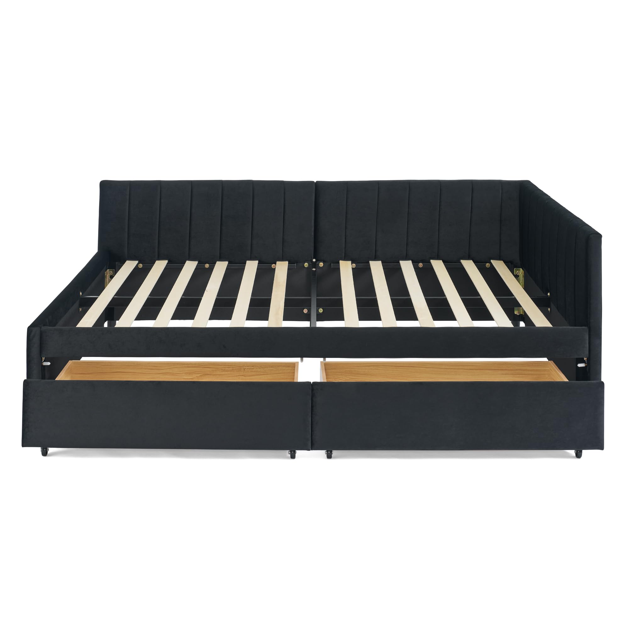 Ball & Cast Full Size Daybed with Two Storage Drawers,Velvet Upholstered Day Bed Frame with Channel Tufted Backrest & Armrest,Wood Slats Support,No Box Spring Needed,for Bedroom Guestroom,Black