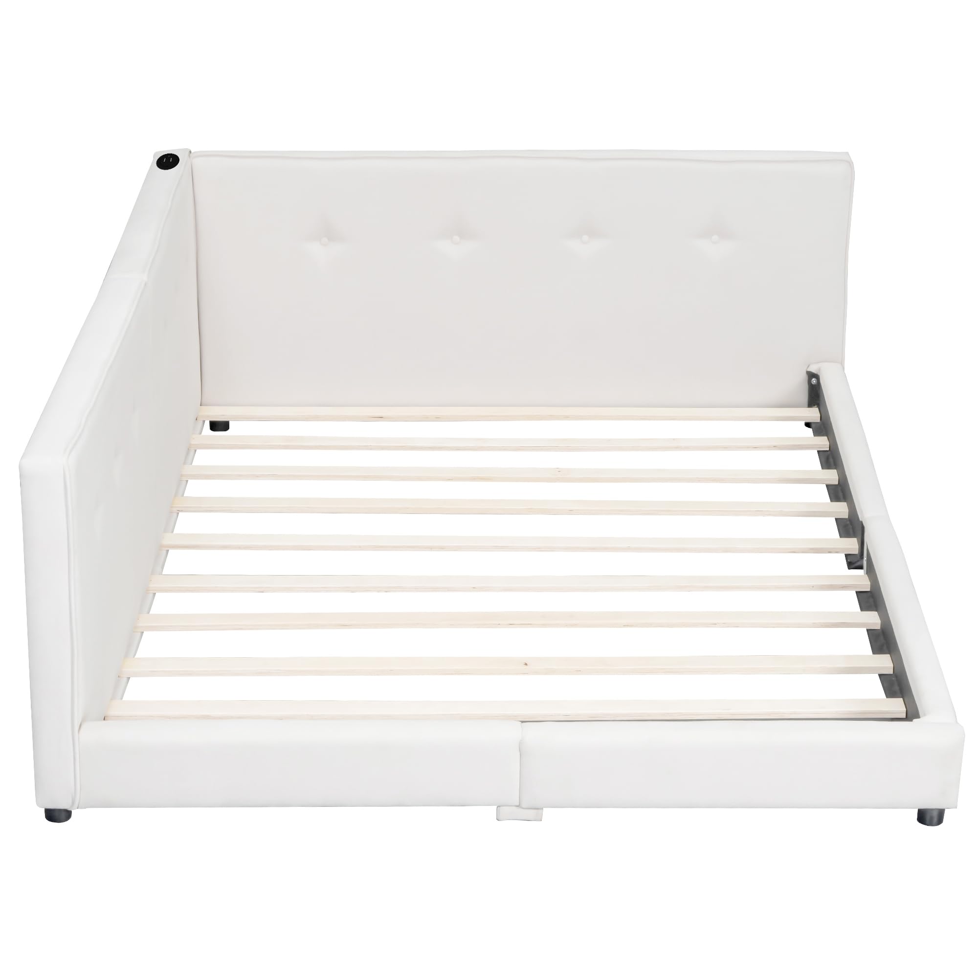 Merax Queen Size Modern Upholstered Platform Bed with USB Ports, Floor Daybed with Wood Slat Support/Queen,Beige