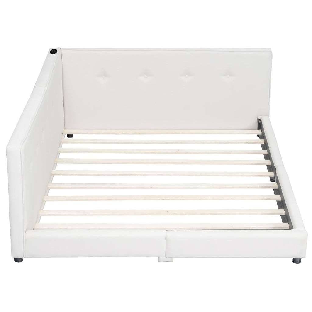 Merax Queen Size Modern Upholstered Platform Bed with USB Ports, Floor Daybed with Wood Slat Support/Queen,Beige