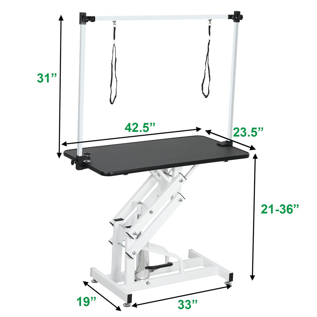 GDFStudio 42.5" Hydraulic Dog Grooming Table with Adjustable Arm & Noose, Heavy Duty Z-Lift Pet Grooming Table for Dogs at Home, Height Adjustable 21" to 36", 330LBS Capacity, White+Black