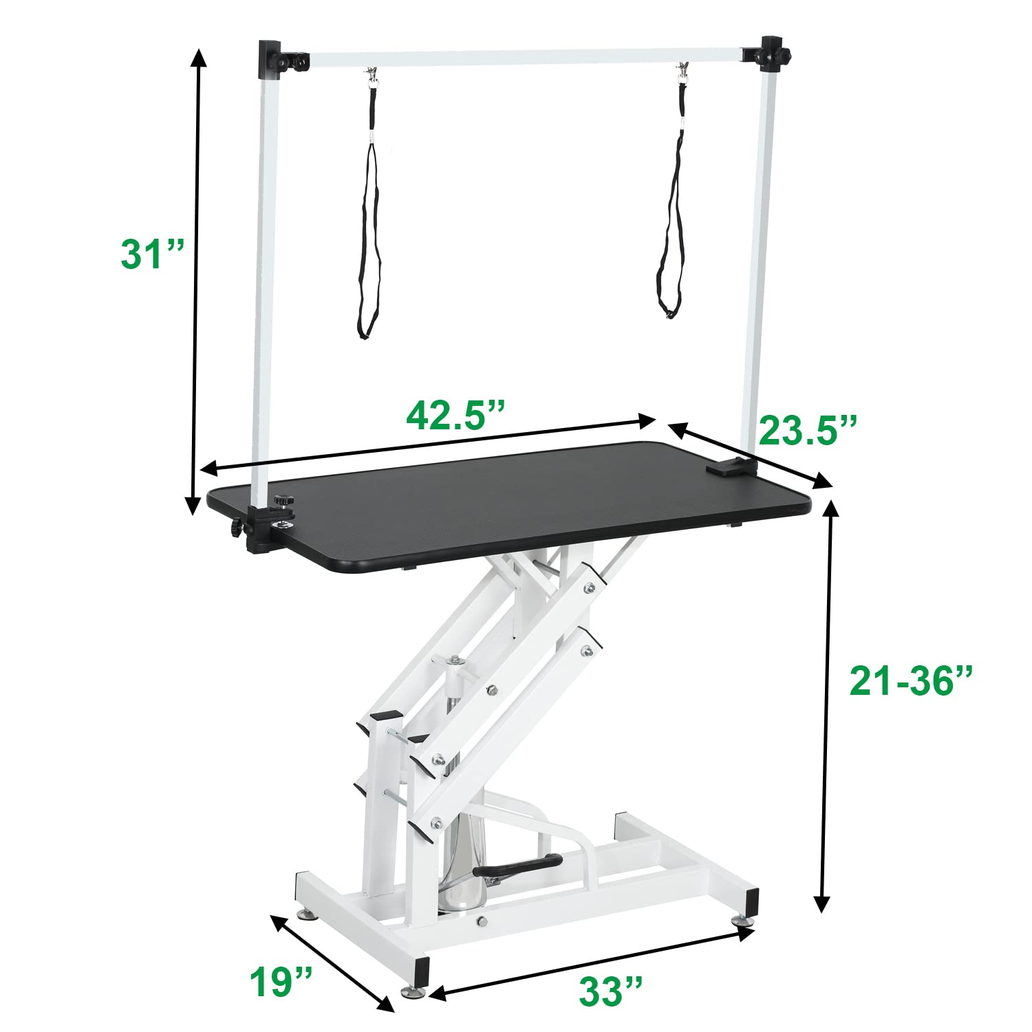 GDFStudio 42.5" Hydraulic Dog Grooming Table with Adjustable Arm & Noose, Heavy Duty Z-Lift Pet Grooming Table for Dogs at Home, Height Adjustable 21" to 36", 330LBS Capacity, White+Black
