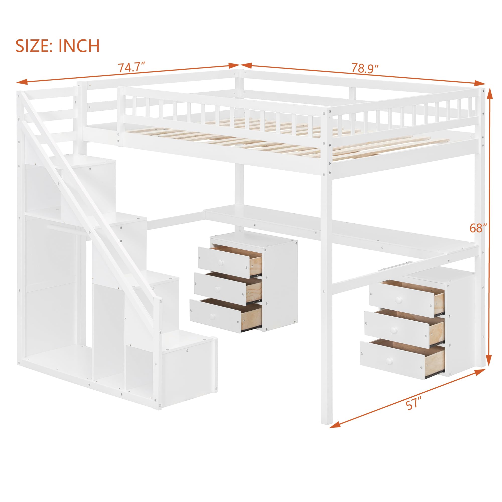 Merax Full Size Wood Loft Bed with Stairs, Built-in Desk, 2 Storage Drawers & Lights, Space Saving Bed for Teens, Adults, Study Loft Bed with Underbed Storage, White