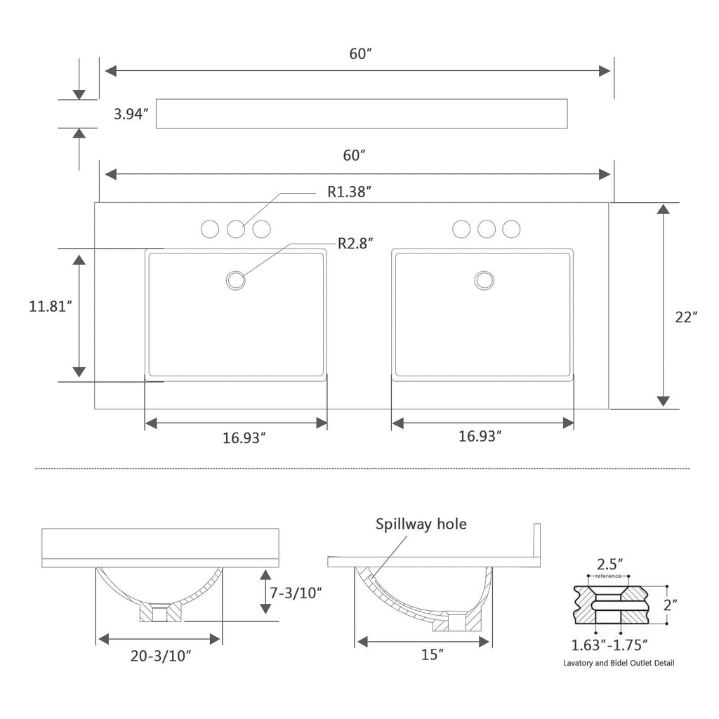 EQLOO 60 Inch Engineered Stone Bathroom Vanity Sink Top, with Undermount Rectangular Double Sinks, Vanity Countertop with 8 inch Faucet Hole Spacing and Backsplash in Lightning White