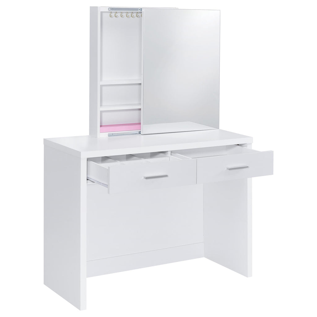 Coaster Home Furnishings - Bunbury - Wood - Makeup Vanity Table Set with Rectangular Storage Mirror, Dual Drawers, and Upholstery Stool - Bedroom - White - 930280