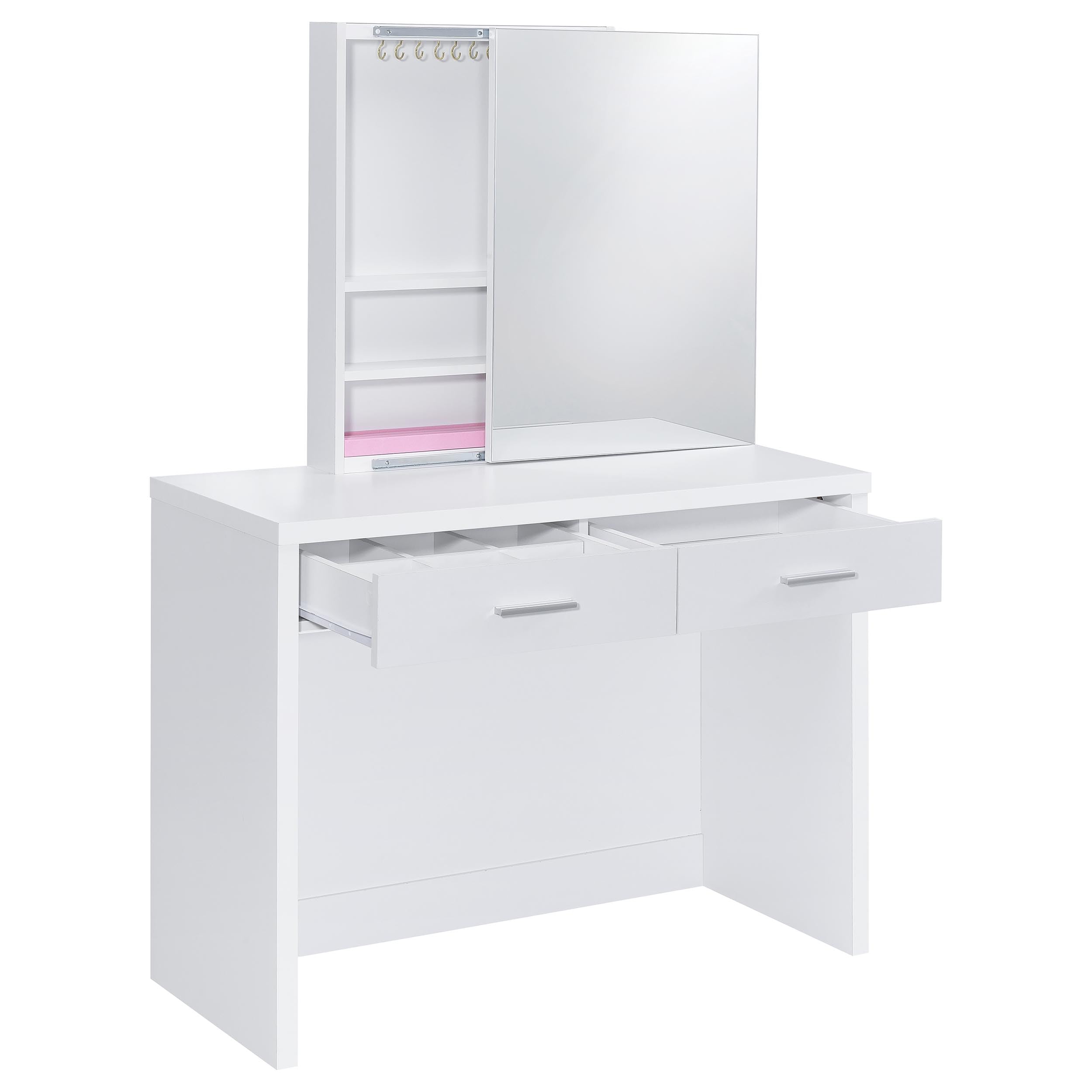 Coaster Home Furnishings - Bunbury - Wood - Makeup Vanity Table Set with Rectangular Storage Mirror, Dual Drawers, and Upholstery Stool - Bedroom - White - 930280