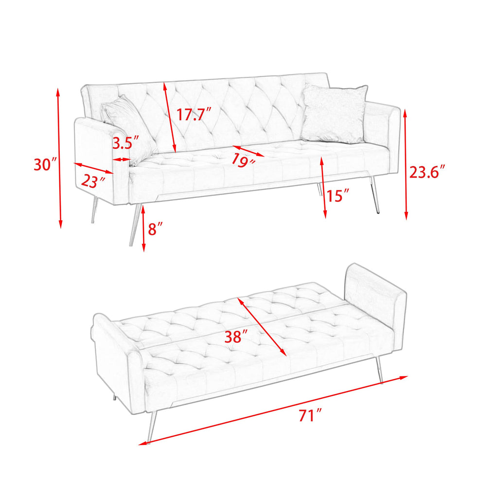 ERYE 71-Inch Soft Velvet Futon Sofa Bed Upholstered Tufted Futon Daybed W/Golden Leg & 2 Pillows,Modern Loveseat Couch Convertible Sleeper Sofabed for Home Apartment Office