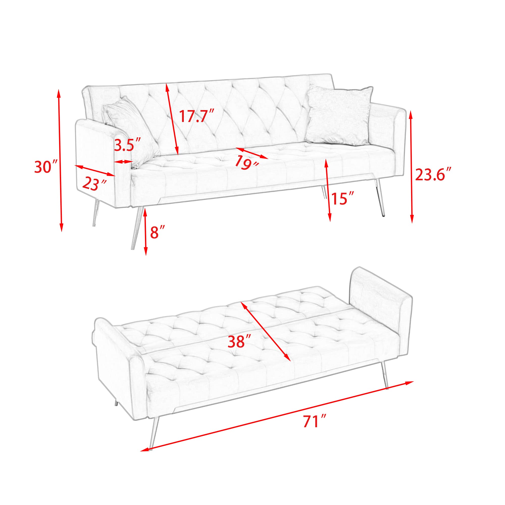 ERYE 71-Inch Soft Velvet Futon Sofa Bed Upholstered Tufted Futon Daybed W/Golden Leg & 2 Pillows,Modern Loveseat Couch Convertible Sleeper Sofabed for Home Apartment Office
