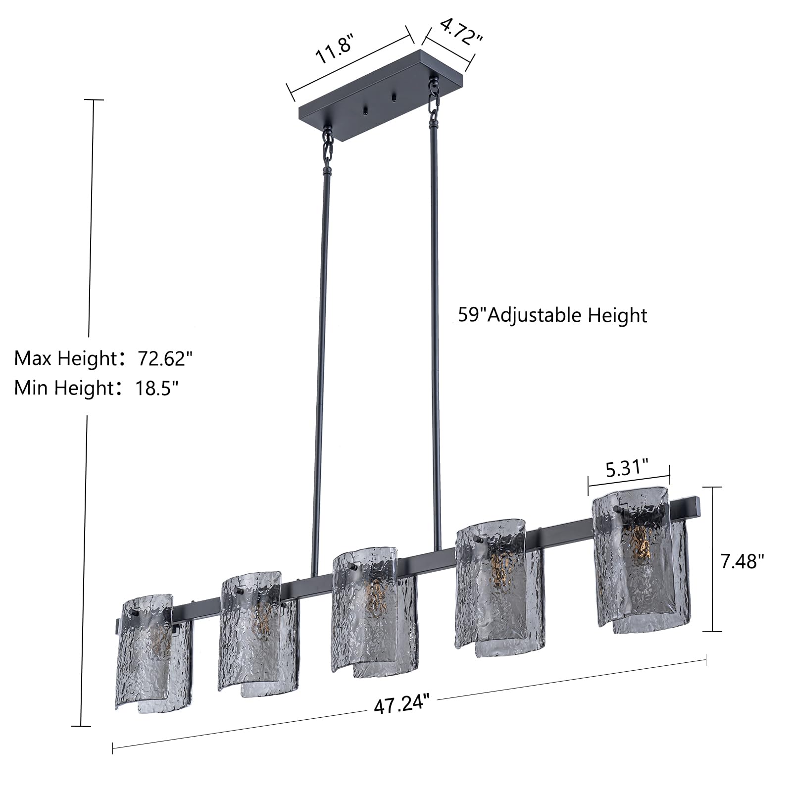 EDISLIVE 5-Light Glass Block Chandeliers Pendant Light Kitchen Island 47.24in E12 Linear Adjustable Hanging Lighting Fixture with Black Finish Grey Water Ripple Glass for Dinning Room Living Room