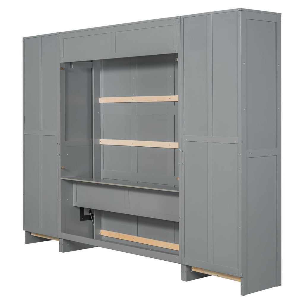 Merax Murphy Bed Queen Size, Built-in Shelves, Storage Drawers and Wardrobe, Wood Folding Wall Bedframe for Guest Room, Home Office, Grey