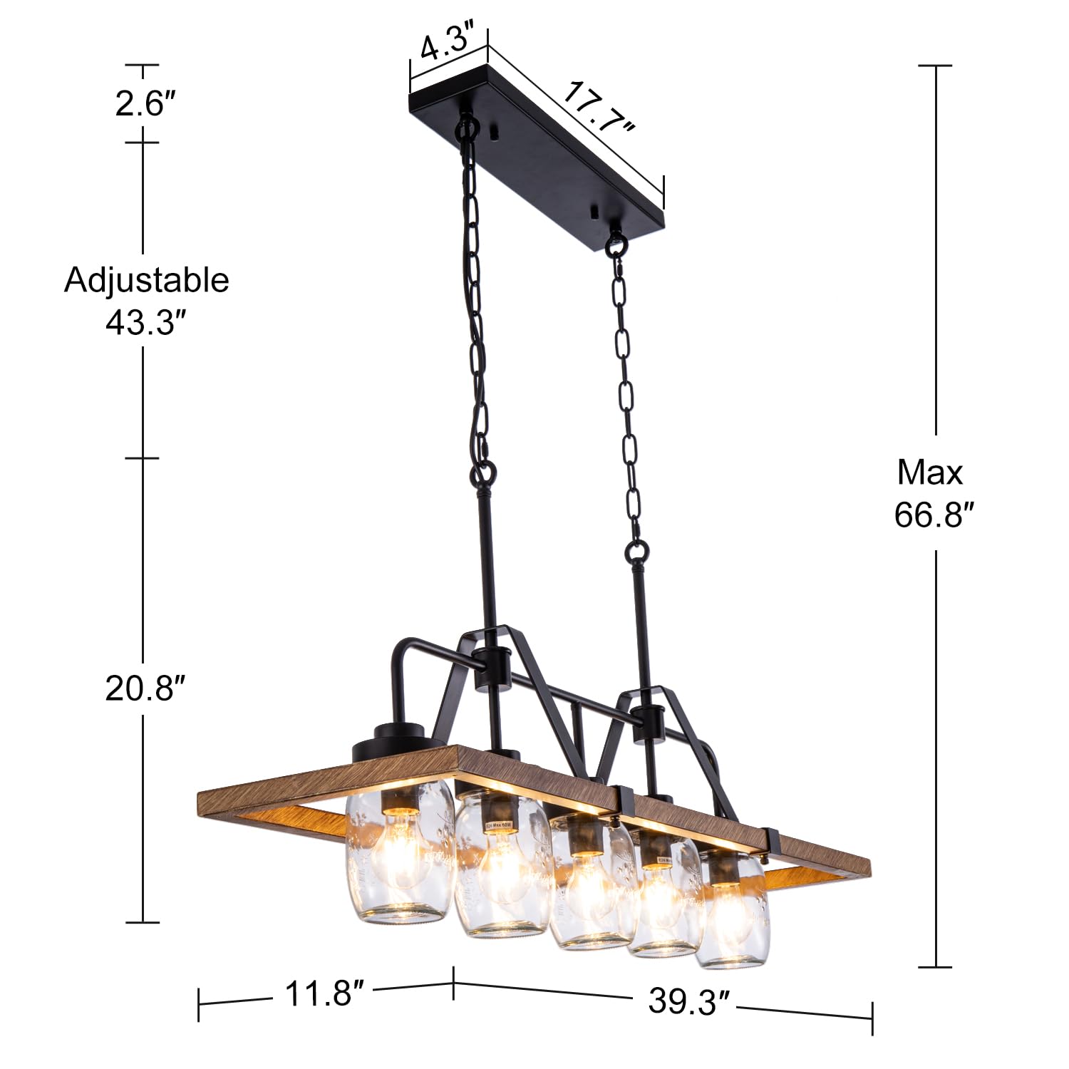 Wellmet Kitchen Island Chandelier, Mason Jar Pendant Light Dining Room, 5-Light Wooden Paint Pendant Light for Living Room, Dining Table, Kitchen, Hallway, Restaurant, 39.3''W
