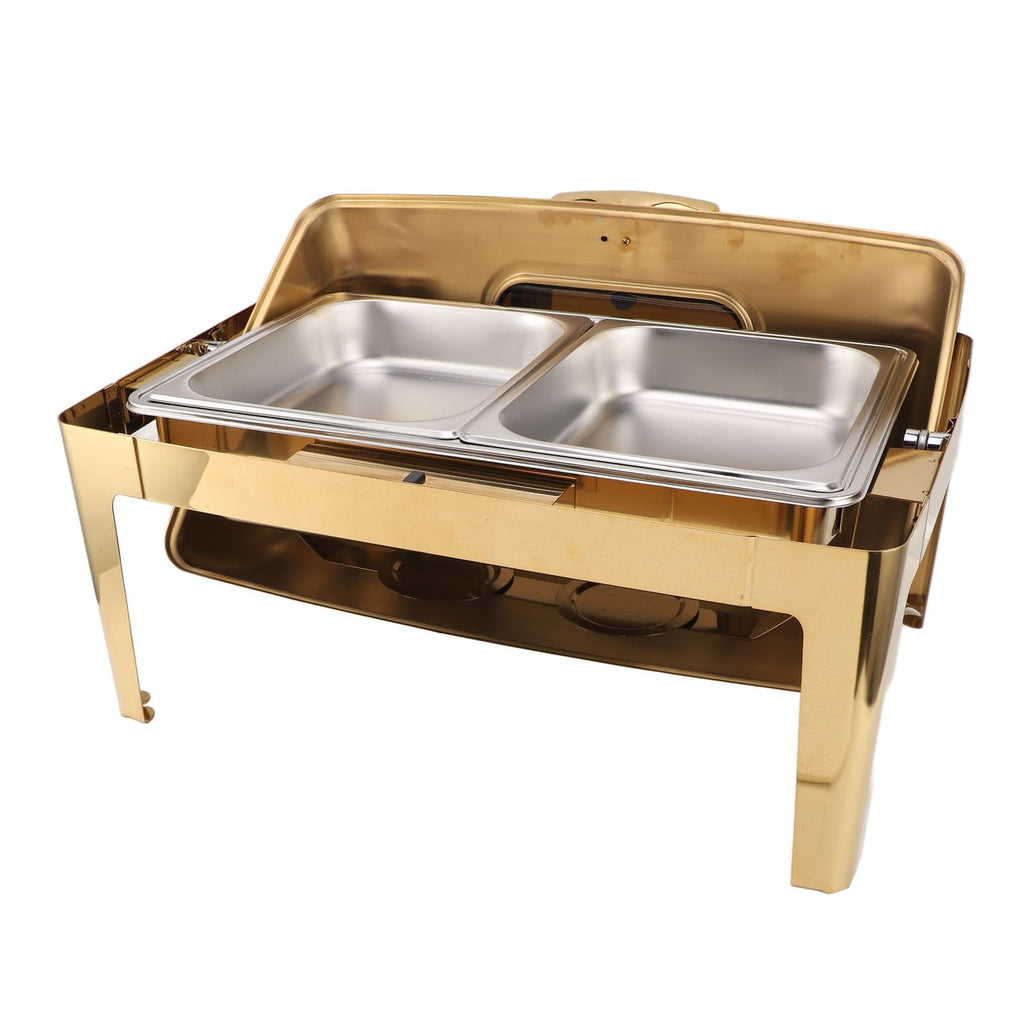 Qiilu Premium Buffet Chafing Dish Stainless Steel Chafer 9L Buffet Catering Food Warmer with Transparent Glass Lid and HighQuality Heating Method (Plated Gold)