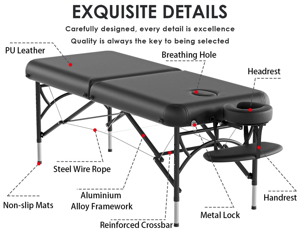 CLORIS 84" Professional Massage Table Portable 2 Folding Lightweight Facial Salon Spa Tattoo Bed Height Adjustable with Carrying Bag & Aluminium Leg Hold Up to 1100LBS Black Widen