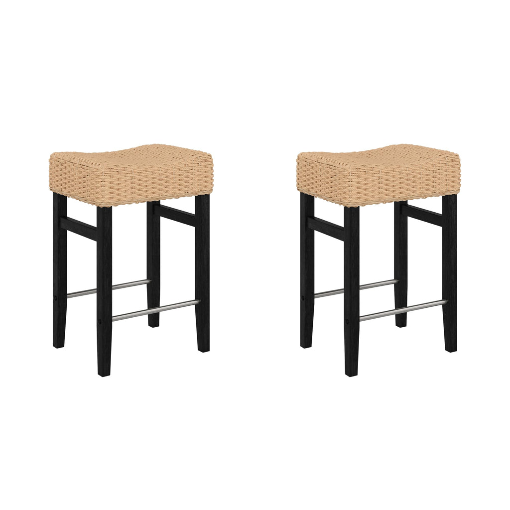 Nathan James Harvey Rattan Bar Stool, Bohemian Counter Height Stool with Woven Seagrass Seat, Solid Wood Legs, and Metal Footrest Seagrass/Brushed Black, Set of 2
