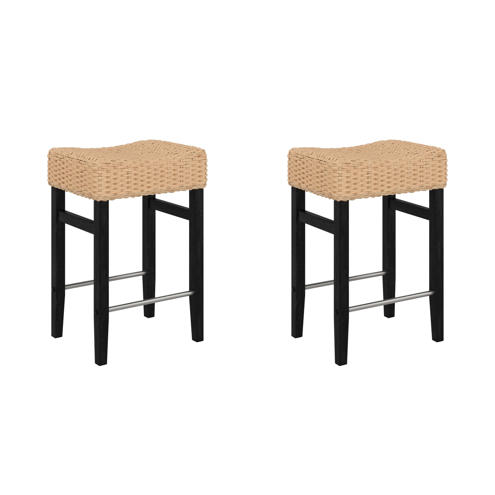 Nathan James Harvey Rattan Bar Stool, Bohemian Counter Height Stool with Woven Seagrass Seat, Solid Wood Legs, and Metal Footrest Seagrass/Brushed Black, Set of 2