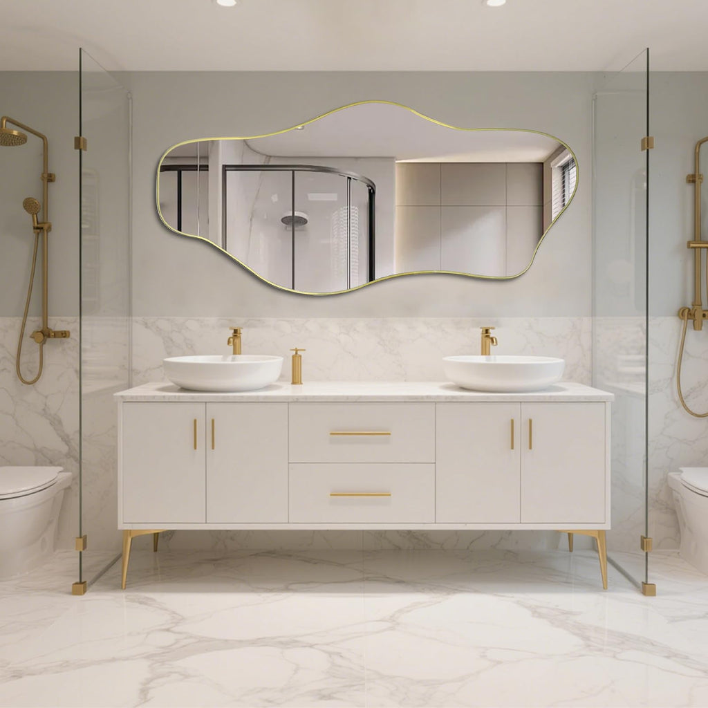 DAOYIJIAJU Irregular Mirror Full Length, 67"x31" Large Asymmetrical Tempered Glass Mirror, Gold Organic Frameless Wall Mirrors for Living Room Bedroom Hallway Entryway, Horizontal or Vertical Hanging