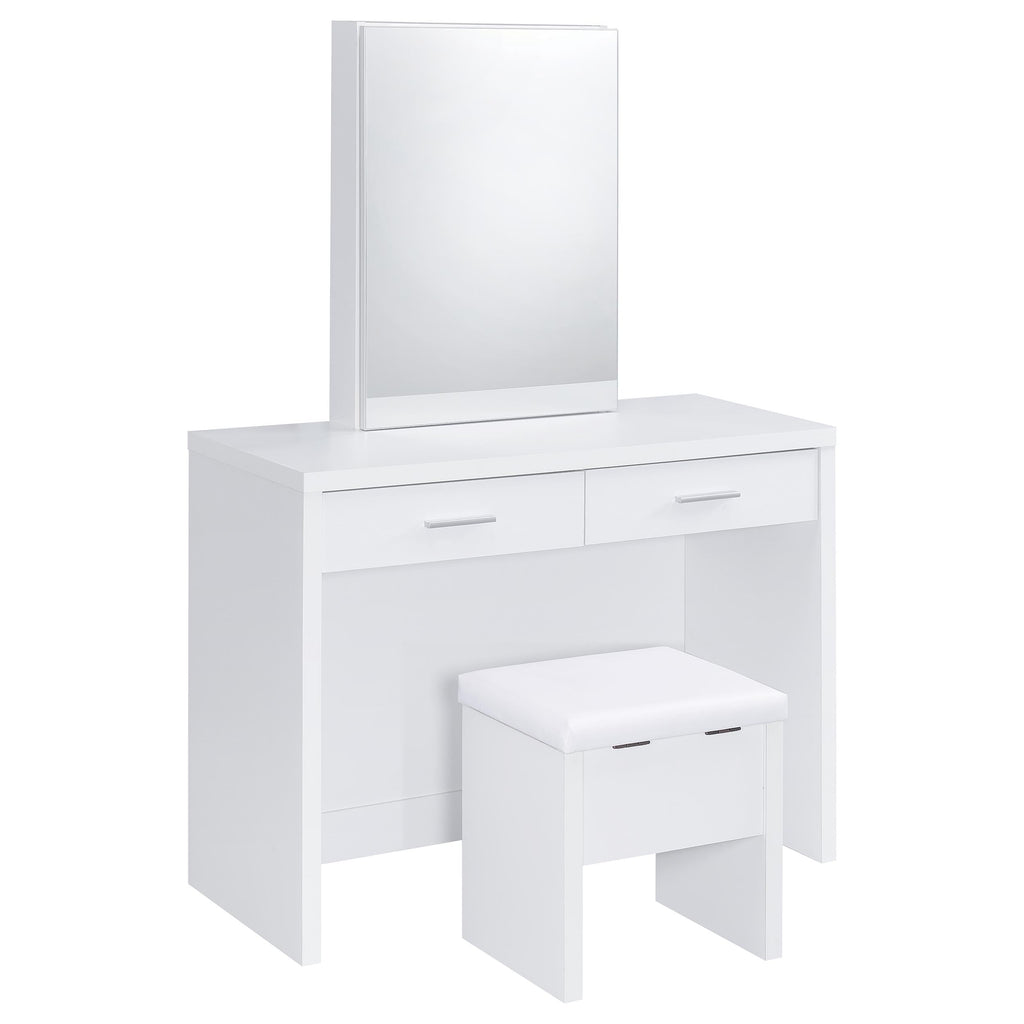 Coaster Home Furnishings - Bunbury - Wood - Makeup Vanity Table Set with Rectangular Storage Mirror, Dual Drawers, and Upholstery Stool - Bedroom - White - 930280