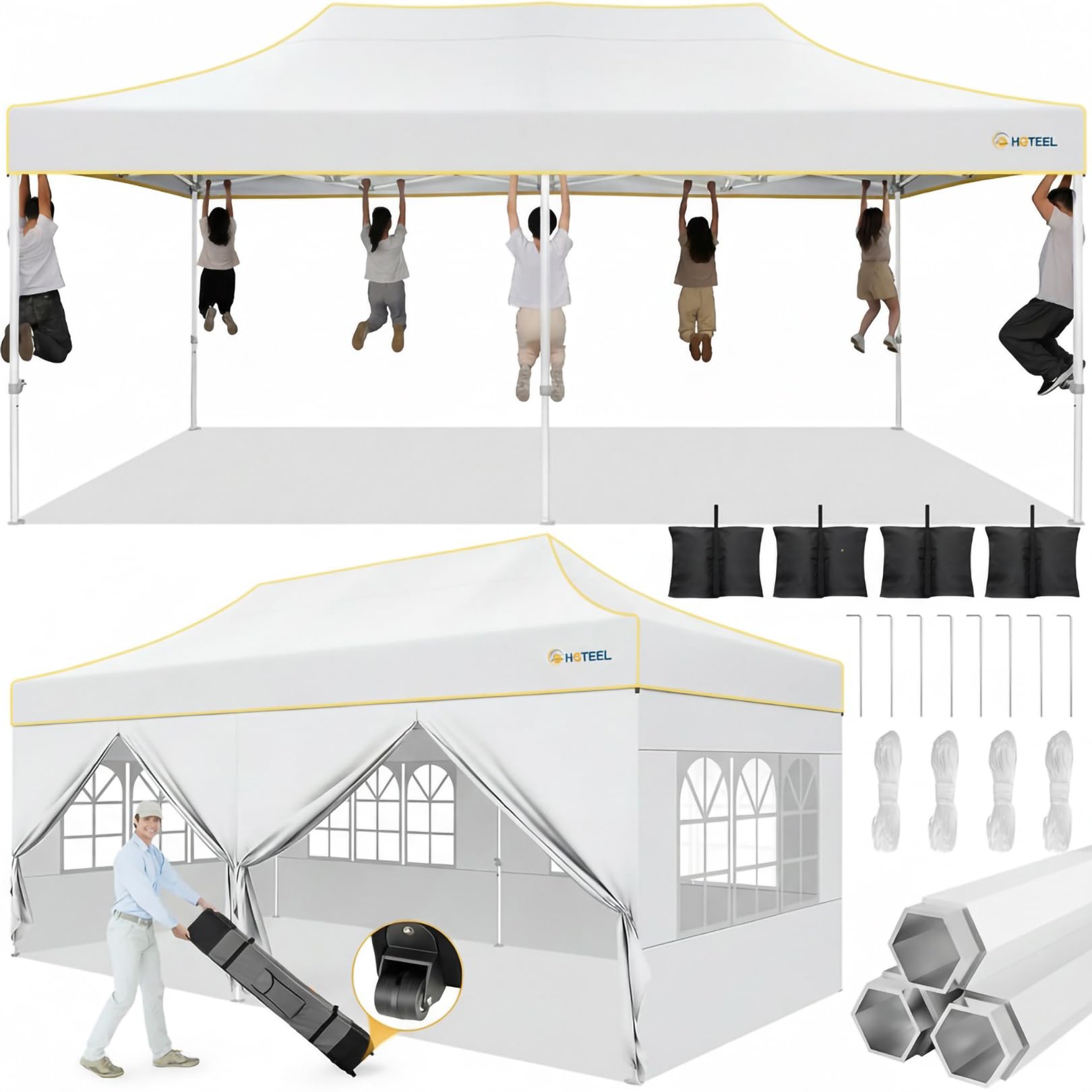 Hoteel 10x20 Pop Up Canopy Tent Heavy Duty with 6 Sidewalls, Waterproof Party Tent, Easy Set-up Commercial Instant Tents with Roller Bag & Sandbags, Hexagonal Leg (1-Year Warranty)