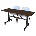 Regency Kobe 60 x 24 in. Flip-Top Training Nesting Table- Neo Walnut, 2 M Stack Chairs- Grey