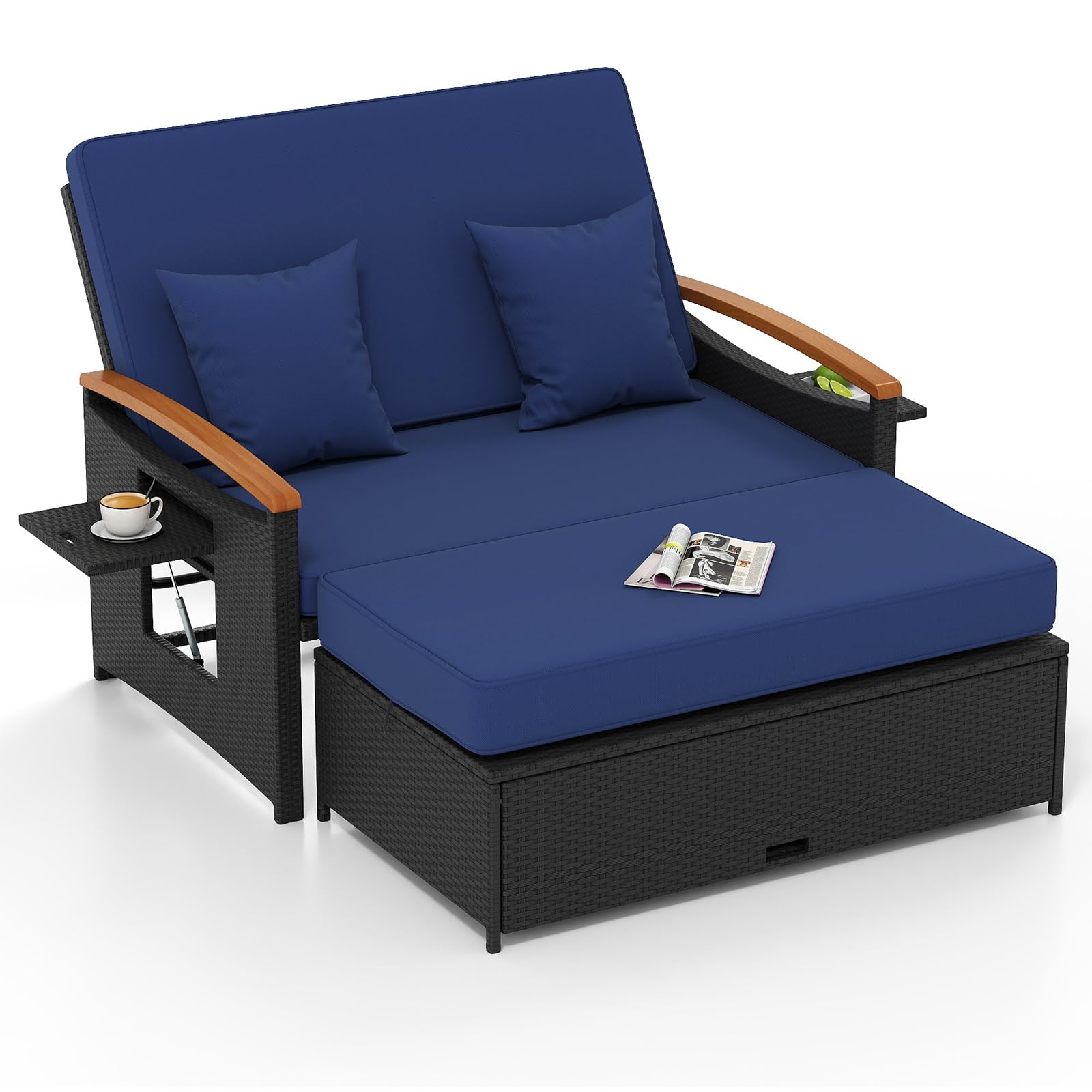 Tangkula Patio Rattan Daybed with 4-Level Adjustable Backrest, Outdoor Wicker Loveseat with Acacia Wood Armrest, Storage Ottoman & Folding Tray, Double Sunbed for Yard & Poolside (Navy & Black)