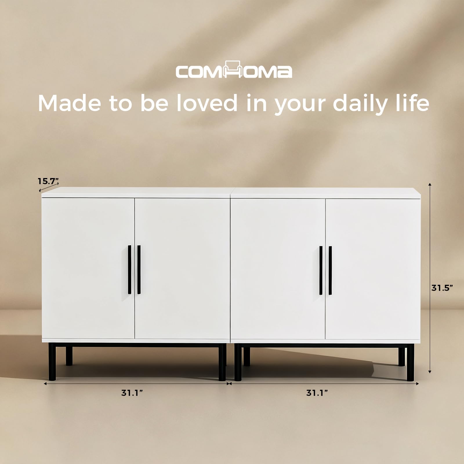 COMHOMA Sideboard Buffet Cabinet with Storage, Modern Wood Versatile Coffee Bar Console Table for Living Room Kitchen, Dining Room, Hallway，White-2 Pack