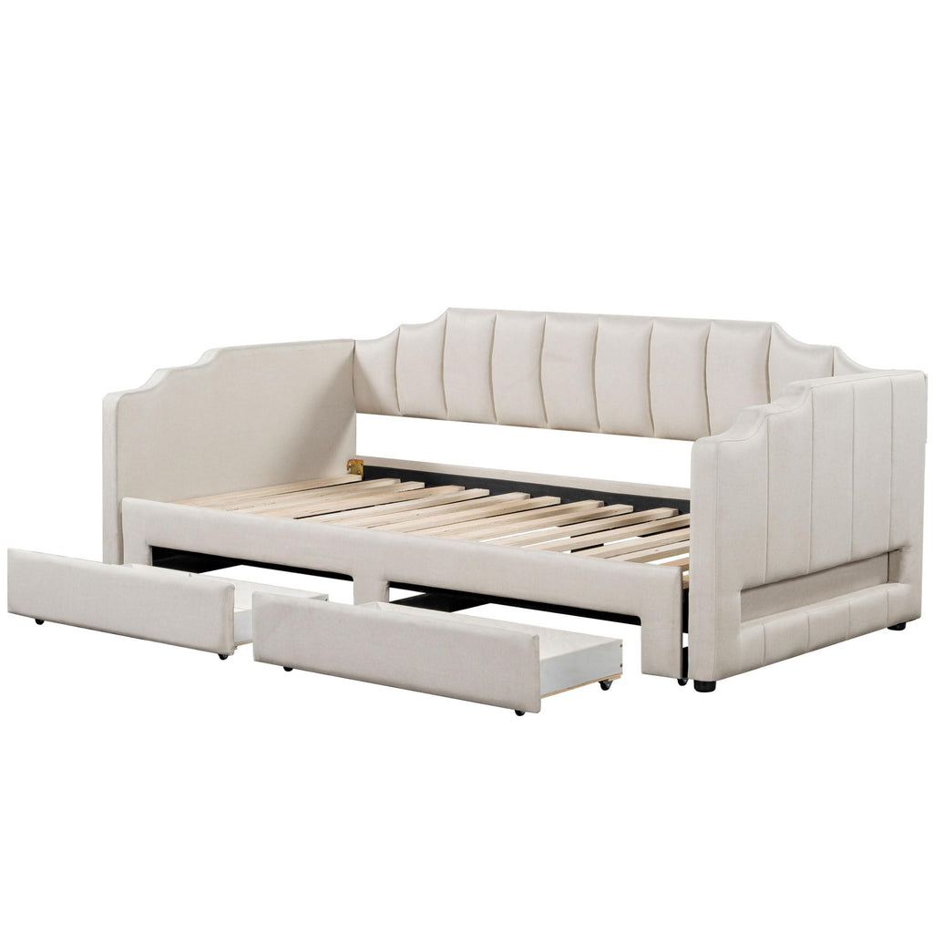 Bellemave Twin XL Size Daybed Frame with Pop up Trundle,Upholstered Day Bed with Two Storage Drawers and LED Light,Twin XL to King Daybed,Beige