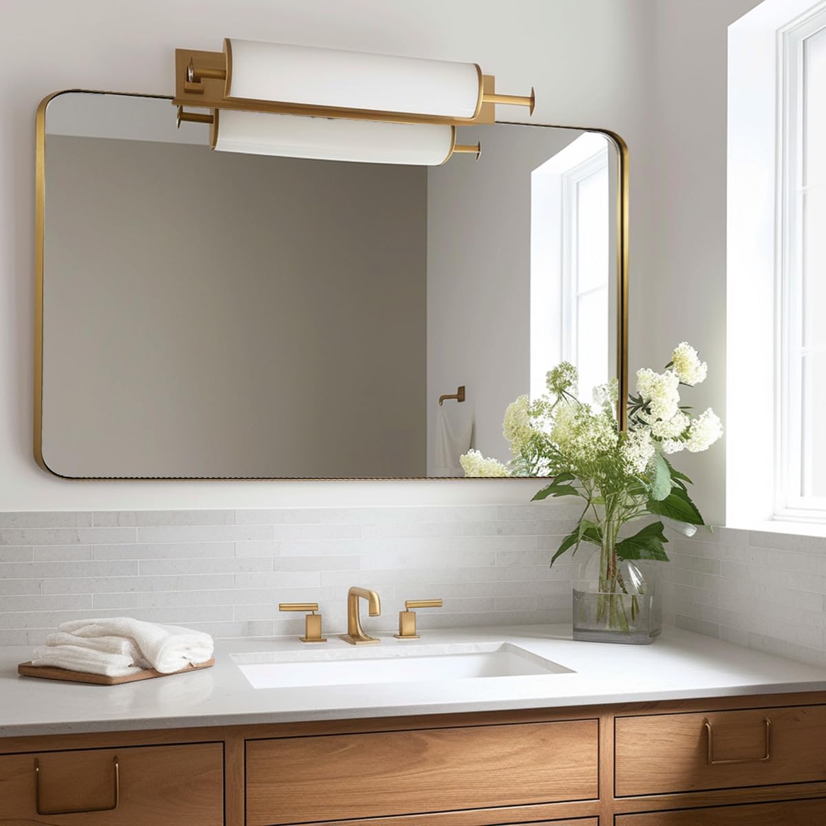 ANDY STAR 30"x48" Brass Gold Bathroom Mirror, Large Wall Mirror for Bathroom, Rounded Rectangle Mirror in Premium Stainless Steel Metal Frame Hangs Horizontal Or Vertical (Brushed Gold)