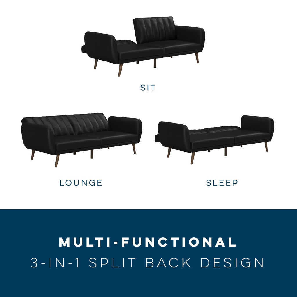 Novogratz Brittany 82 Inch Futon Sofa Bed in Faux Leather, Upholstered Couch Sleeper with Tufted Back, Mid-Century Modern Design, Black
