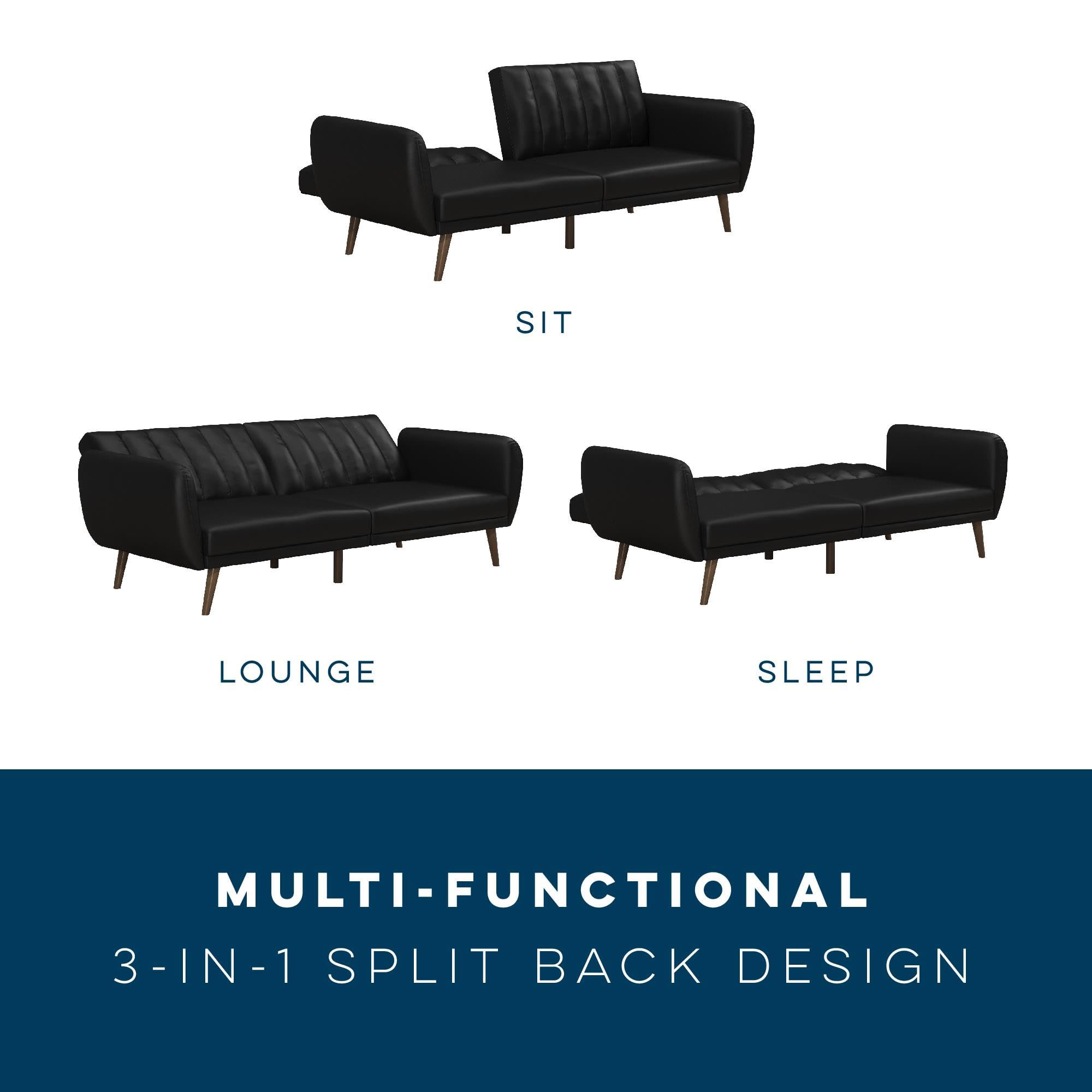 Novogratz Brittany 82 Inch Futon Sofa Bed in Faux Leather, Upholstered Couch Sleeper with Tufted Back, Mid-Century Modern Design, Black