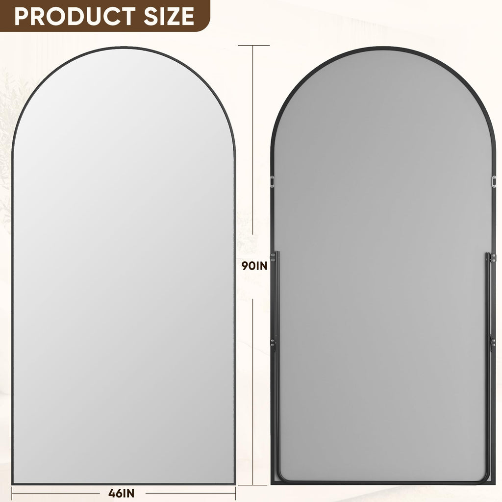 Antok Full Length Mirror, 90"x46" Floor Mirror with Stand, Hanging Mounted Mirrors for Bedroom, Living Room, Cloakroom, Dining Room, Black, Arched
