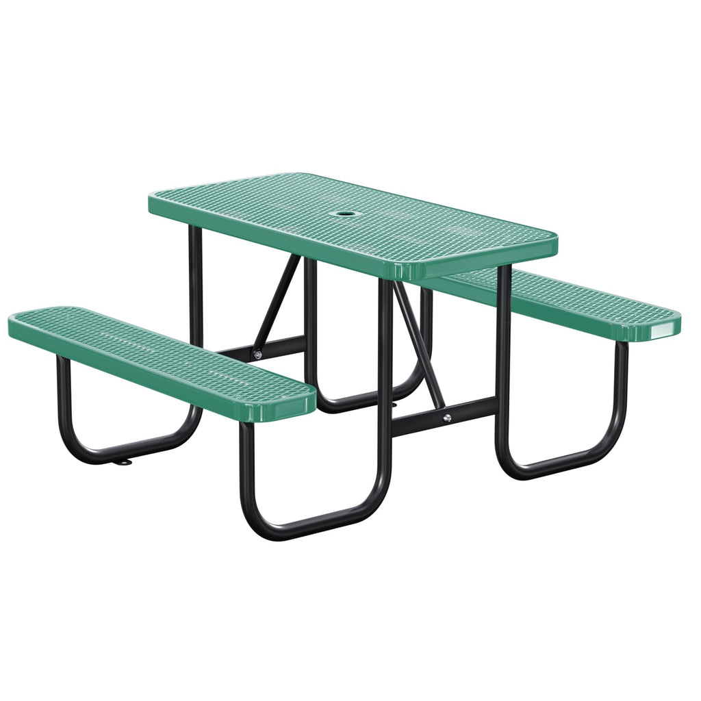 Gaonala 4FT/48IN Heavy Duty Outdoor Picnic Table and 2 Benches for 2-6 People, Weather Resistant Rectangular Steel Picnic Table Set with Umbrella Hole for Yard Patio Lawn Party Green