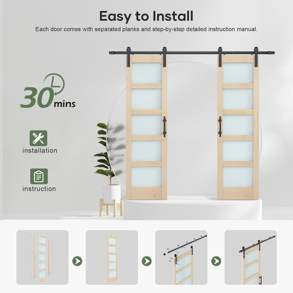ROYMELO Double 24×84 inch Glass Sliding Barn Door Slab with 8ft Hardware Kit Included, 5-Panel Frosted Glass, Spruce Wood Support DIY Dyeing, Easy Assembly