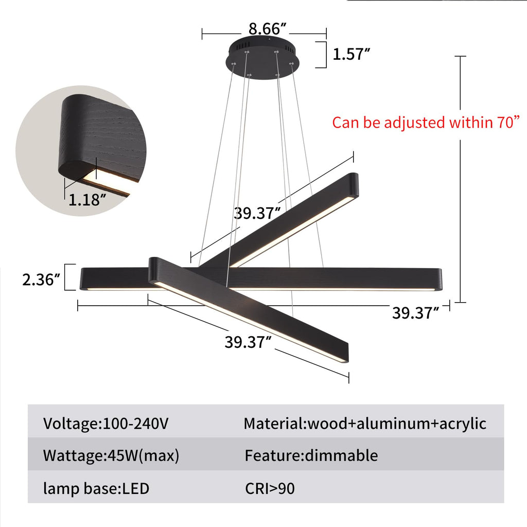 YISDESIGN 3-Light Solid Wood Black Linear Pendant Light - Dimmable Modern LED Chandelier for Dining Room Table Kitchen Island Living Room Ceiling - 45W Warm Light Adjustable Hanging Fixture Black