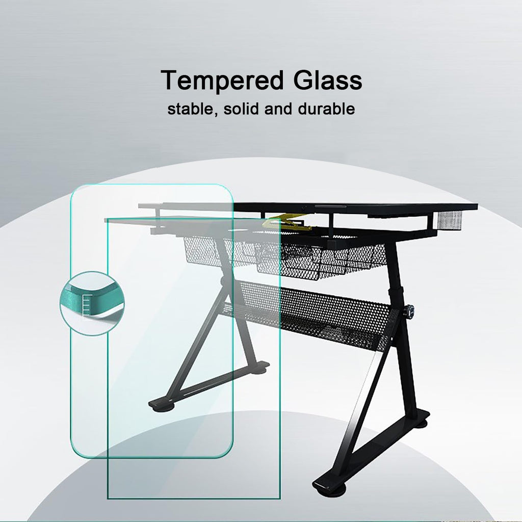 YDBMY Height Adjustable Drafting Table, Drawing Desk, Glass Art Desk, with Storage, for Home, School, Office, Working Station(Color:Natural)