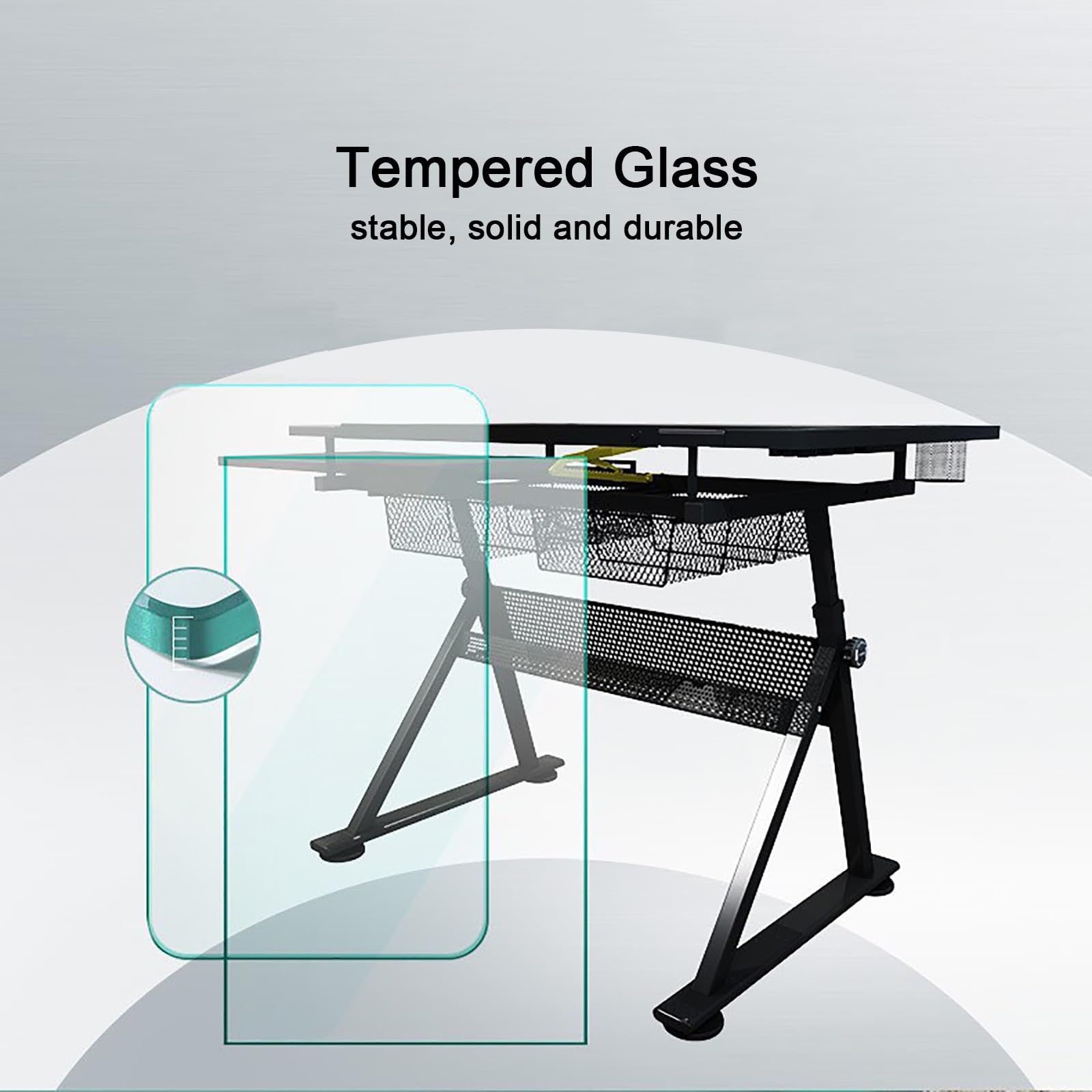 YDBMY Height Adjustable Drafting Table, Drawing Desk, Glass Art Desk, with Storage, for Home, School, Office, Working Station(Color:Natural)