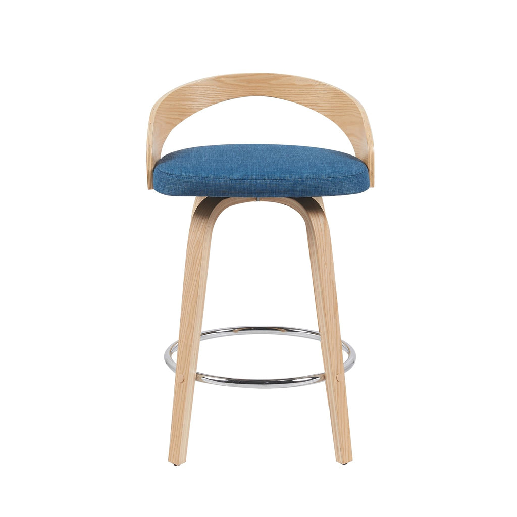 Sonia Modern Swivel Counter Height Bar Stool with Blue Upholstered Seat and Patterned Oak Wood Finish Set of 3