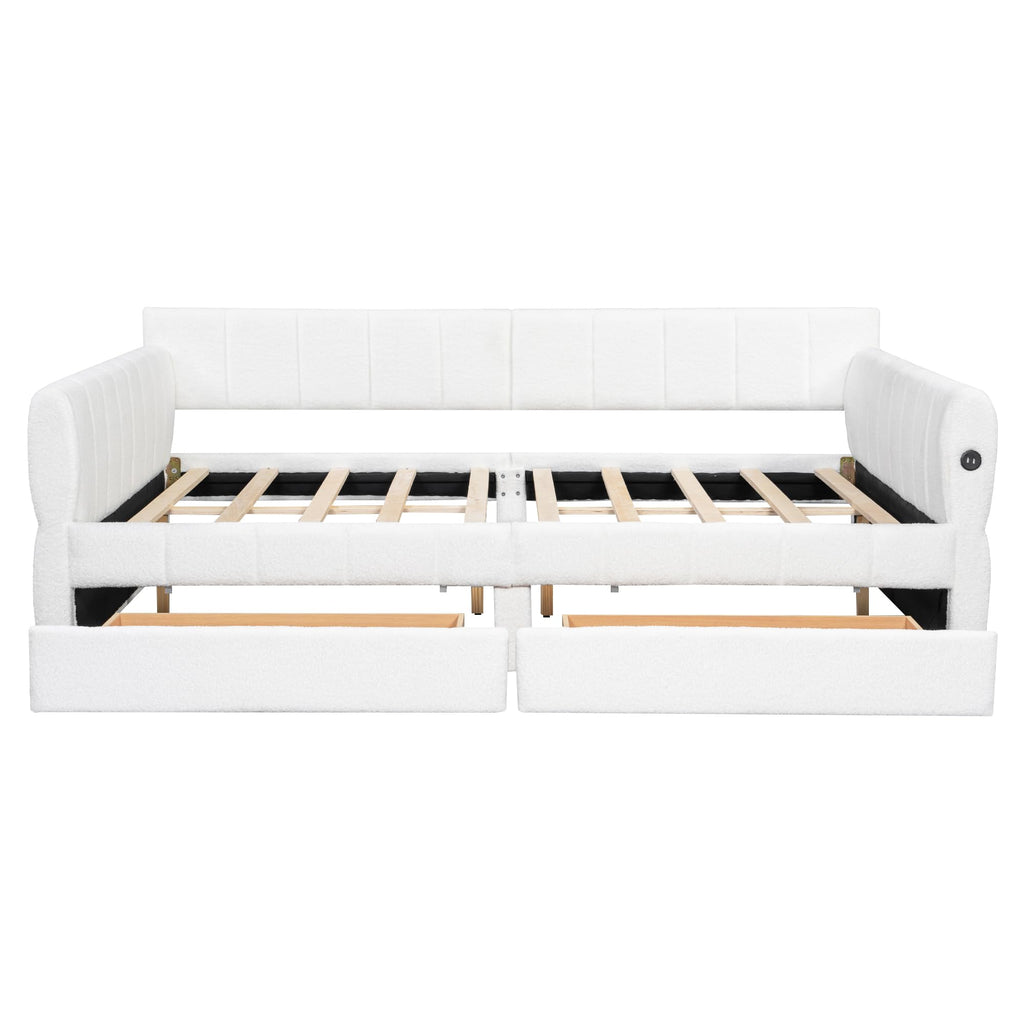 Ball & Cast Queen Size Daybed with Storage Drawers and USB Port,Upholstered Day Bed Frame with Channel Tufted Backrest and Armrest, Boucle Fabric,No Box Spring Needed,White