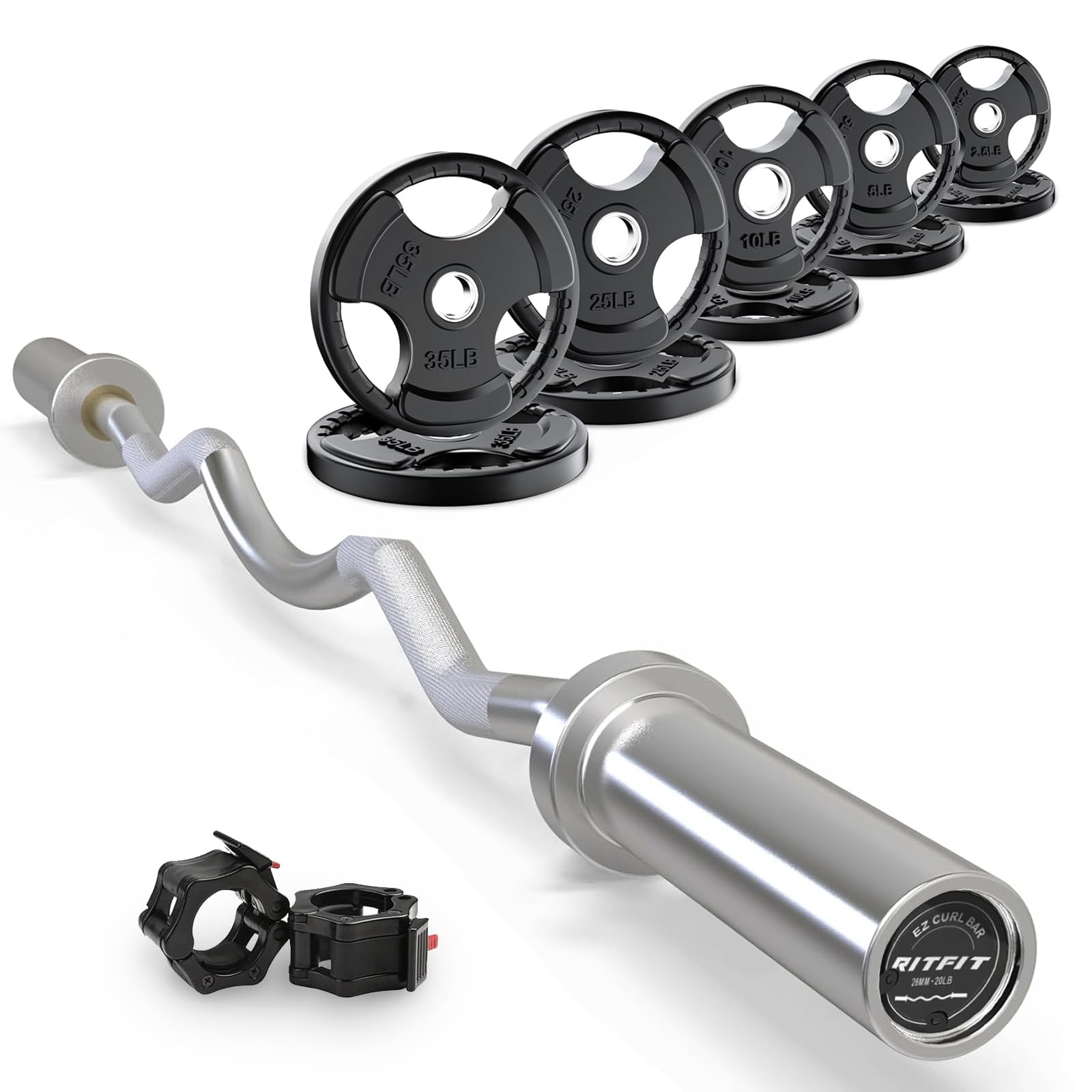 RitFit 2 Inch EZ Curl Bar with Weights, 350LBS Capacity Olympic Barbell for Bicep & Triceps, Home Gym Strength Training,with 155LBweights
