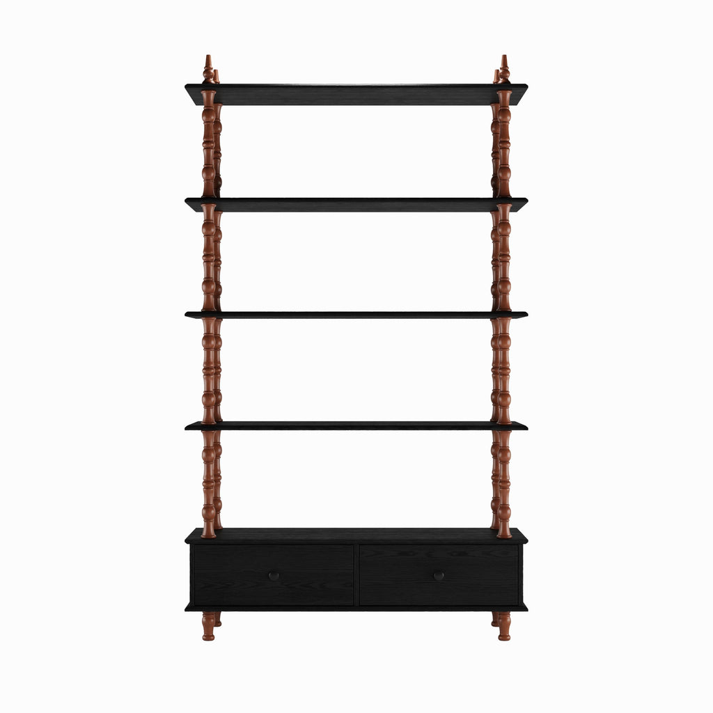 KEIKI 74.4 Inch Bookcase Shelf, 5 Tier Wood Book Shelf, Large Open Shelves with Storage Drawers, Solid Wood Veneered Free Standing Shelves for Living Room, Study Room, Black