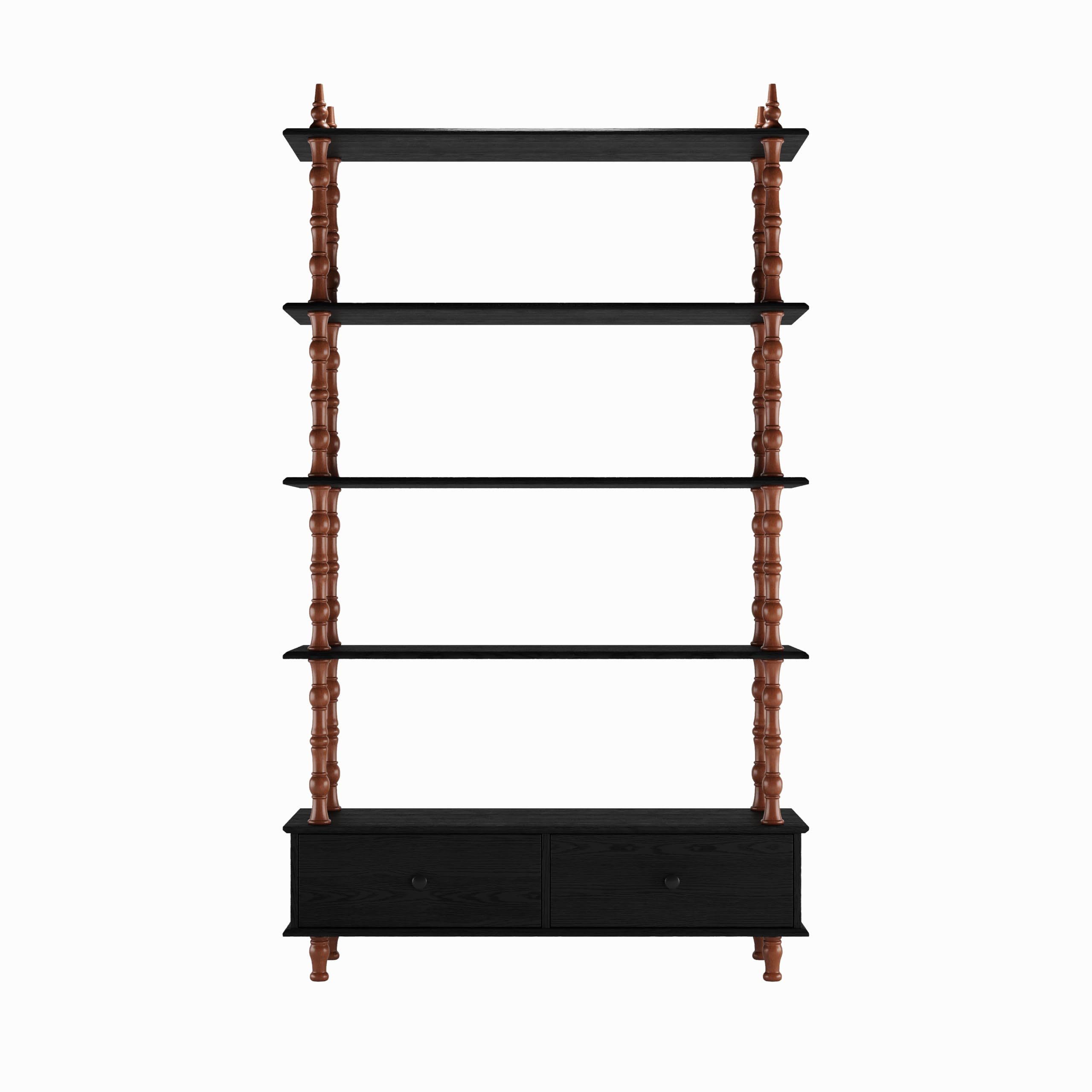 KEIKI 74.4 Inch Bookcase Shelf, 5 Tier Wood Book Shelf, Large Open Shelves with Storage Drawers, Solid Wood Veneered Free Standing Shelves for Living Room, Study Room, Black